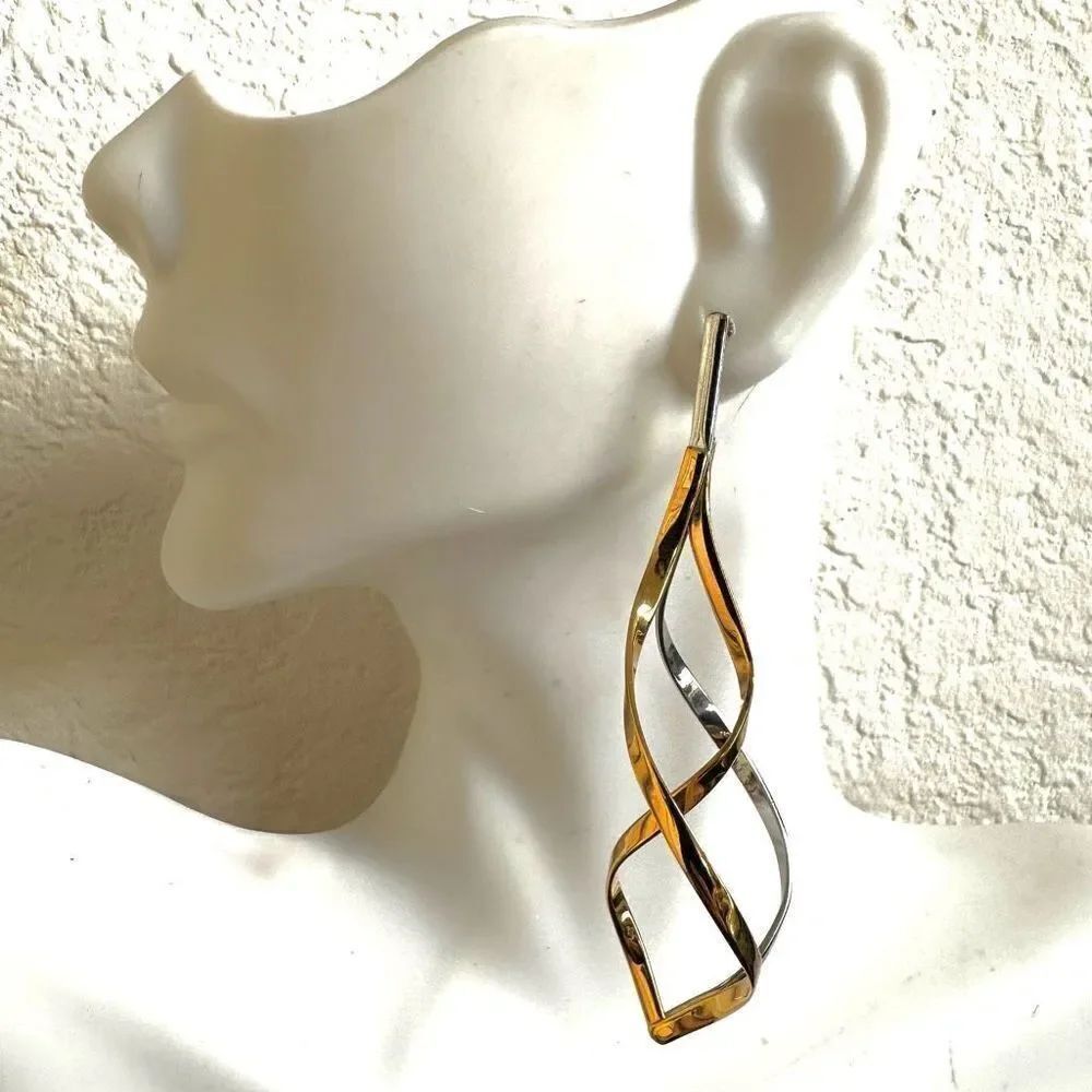 Gold/silver tone long spiral earrings